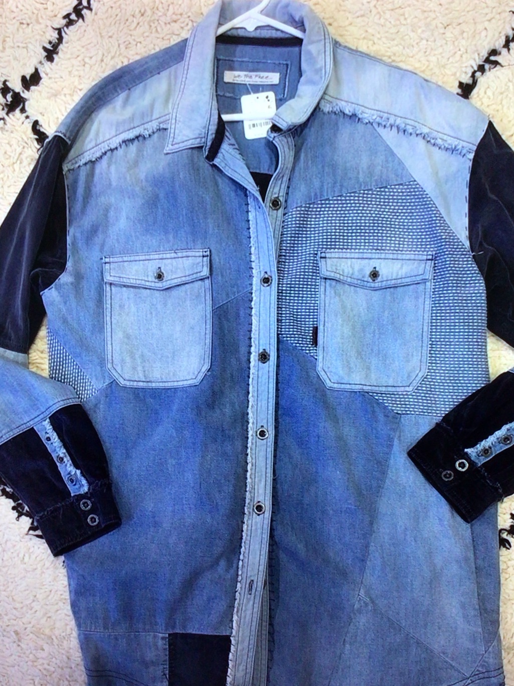 We The Free Patchwork Light Blue Denim Shirt Jacket